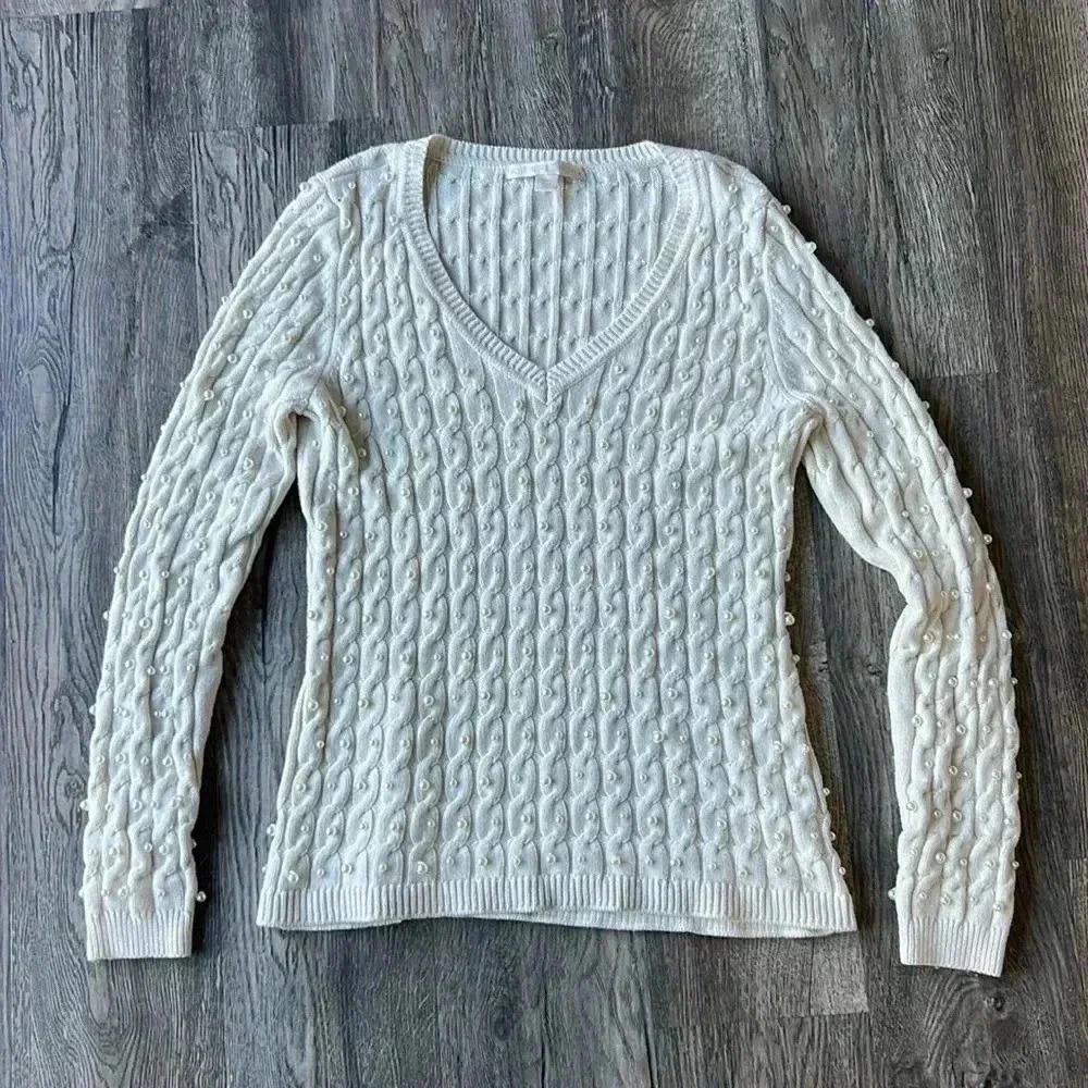 Boston Proper Sweater White V Neck Cable Knit Faux Pearl Embellished Size Large